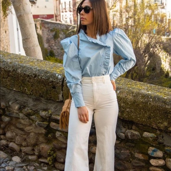 Zara Tops - SOLD!!!Zara Ruffled High Collar Puff Sleeves Blue